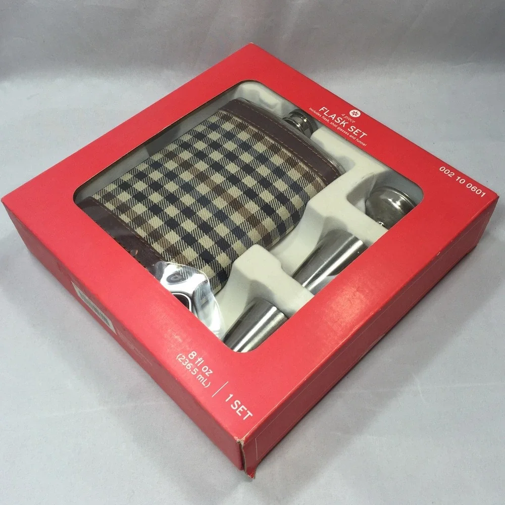 4 Piece Plaid Hip Flask Set 8oz Stainless Steel with Shot Glasses and Funnel